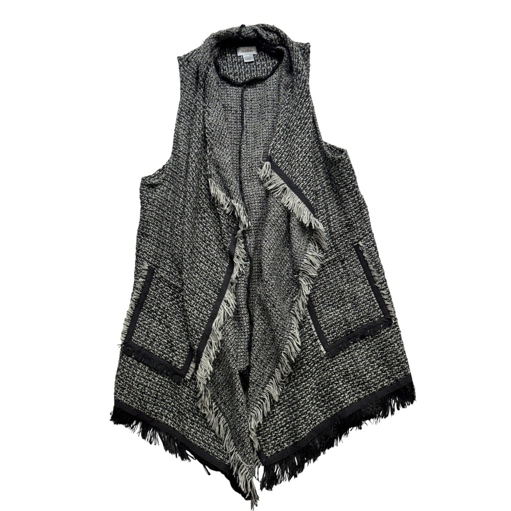 Le‎ Moda Womens XXL Open Front Knit Vest Black White Fringe Draped Boho Pockets